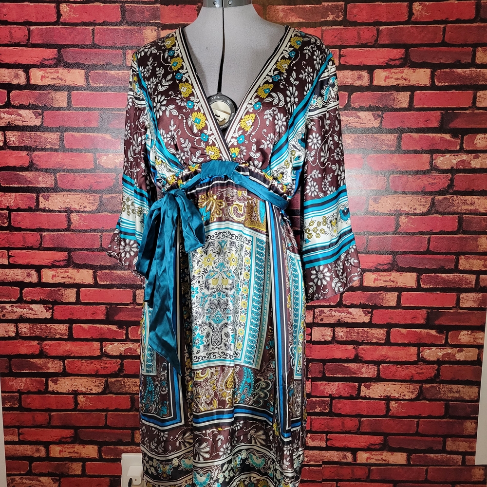 ABS Allen Schwartz Teal and Brown Patterned Midi Dress
